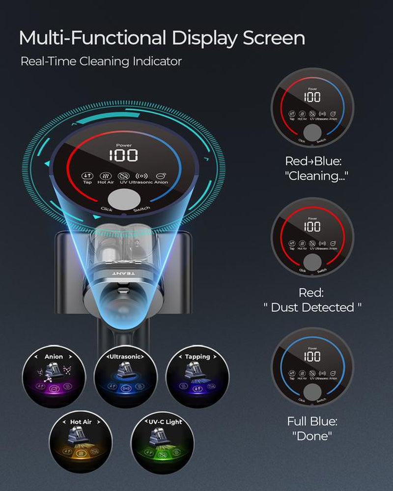 Teant Powerful Mattress Bed Vacuum Cleaner, 2-Speed (14Kpa/18Kpa) Mattress Vacuum with Green Light Dust Detection, 253.7Nm UV-C Light, LED Display, HEPA Filter, 149℉ Heat, Aroma for Bed Couch Carpet